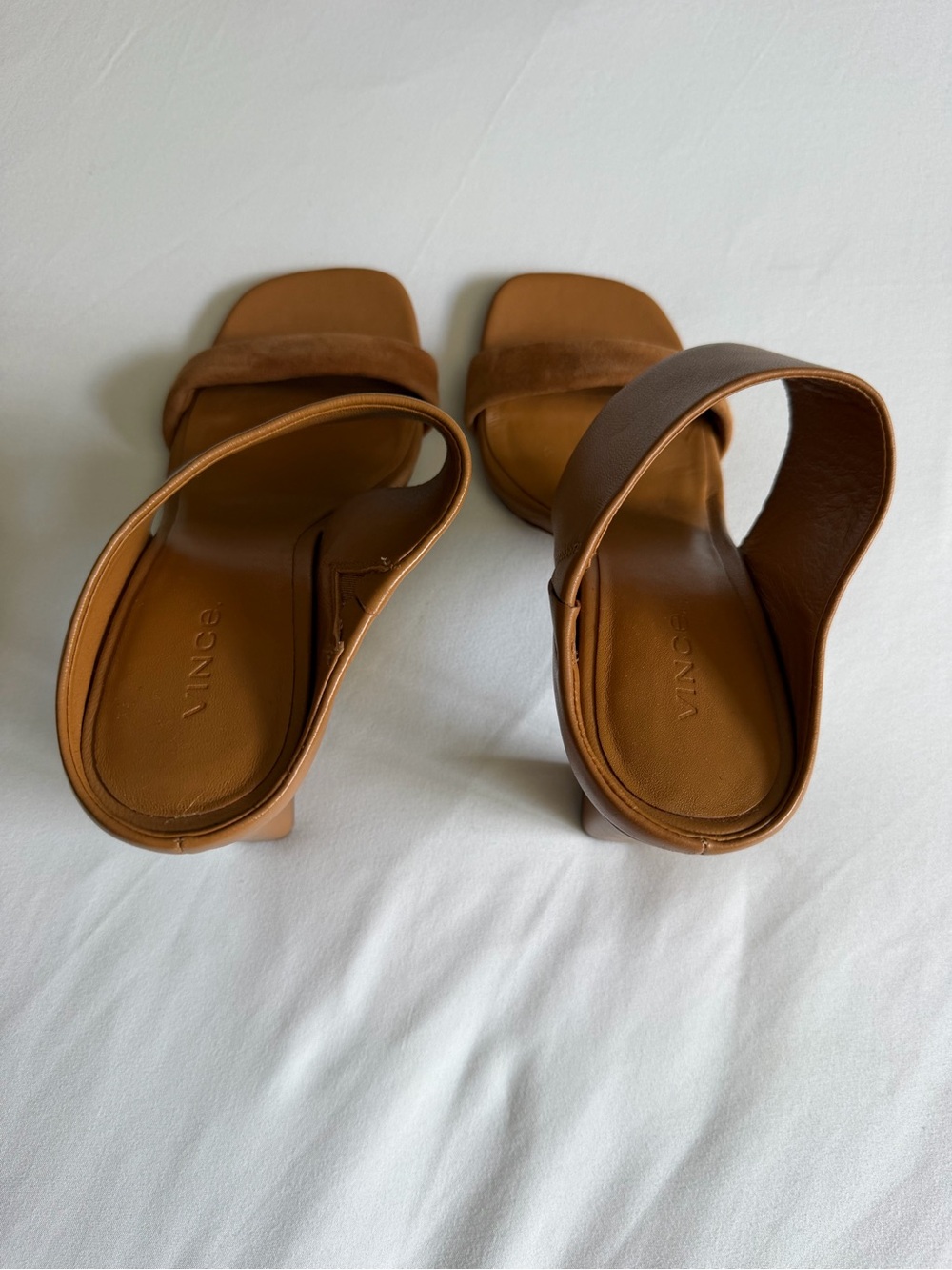 Vince "Quinn" Brown Tan Suede Leather High Block Heel Mule Sandals - Picture 7 of 15